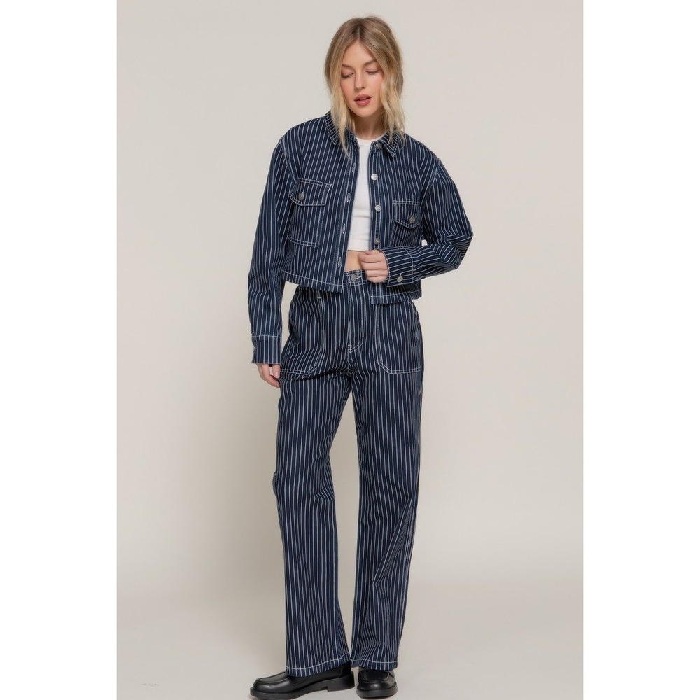 Pinstripe Cropped Denim two piece set small Button Front Workwear